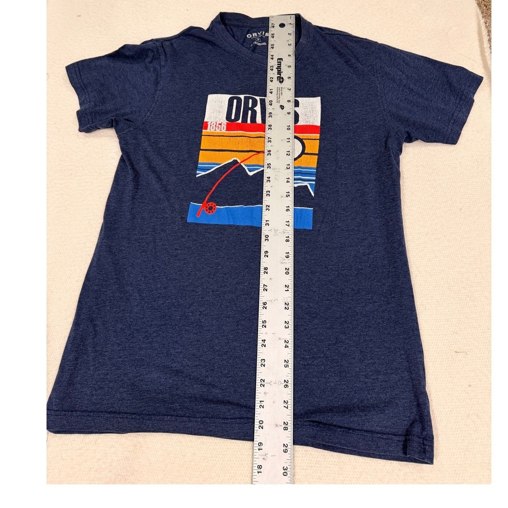 Orvis Mens Graphic T-Shirt Navy Blue Fly Fishing Mountain Scene Size M (696) - Picture 4 of 5